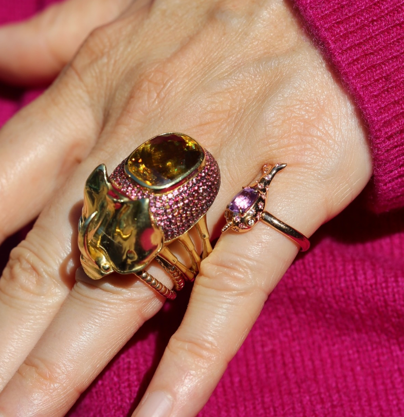 Sphene and Raspberry Sapphire Phaethon Ring in Yellow Gold