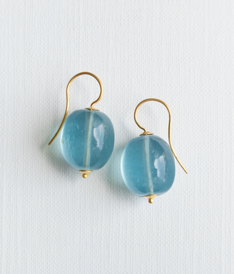 Aquamarine Snake Fruit Seed Earrings in Yellow Gold