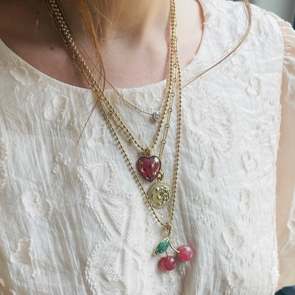 Emerald and Rhodochrosite Sweet Cherry Charm in Yellow Gold