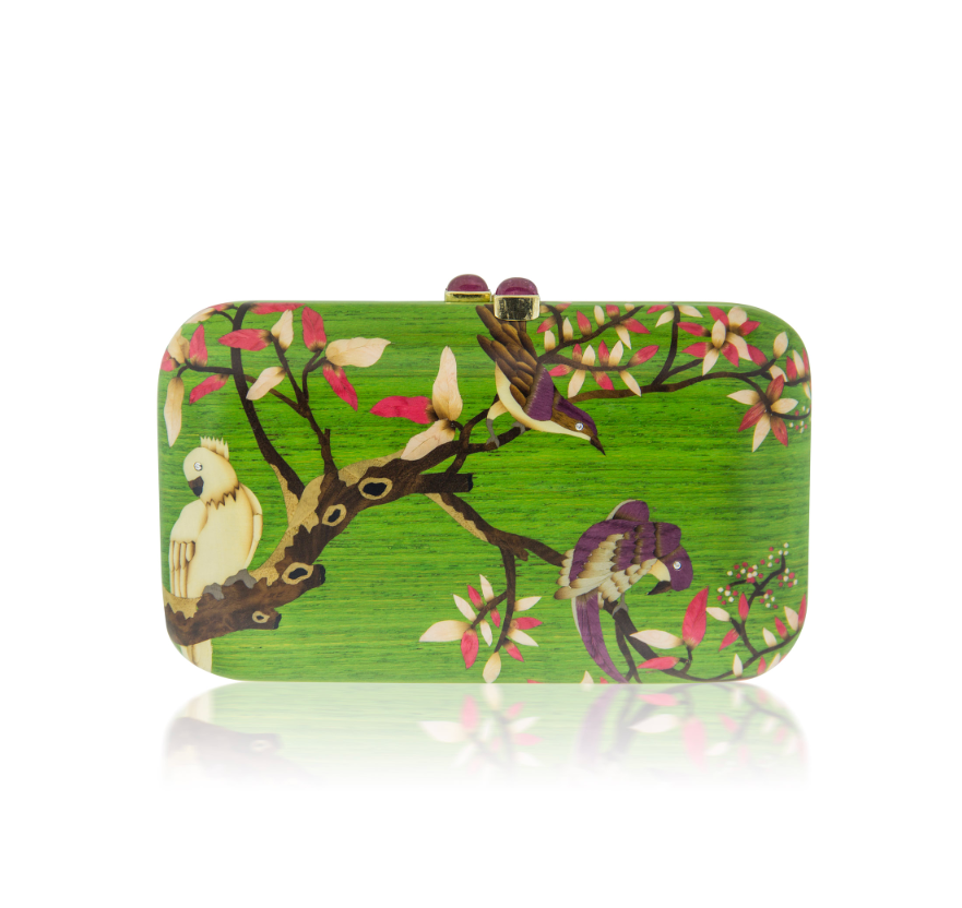 Birds on Branch Marquetry Clutch in Yellow Gold