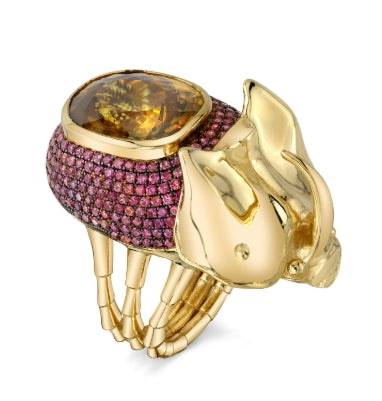 Sphene and Raspberry Sapphire Phaethon Ring in Yellow Gold