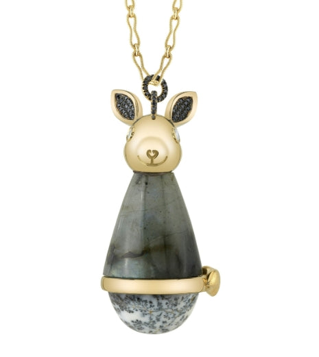 Opal and Labradorite Jerboa Necklace in Yellow Gold