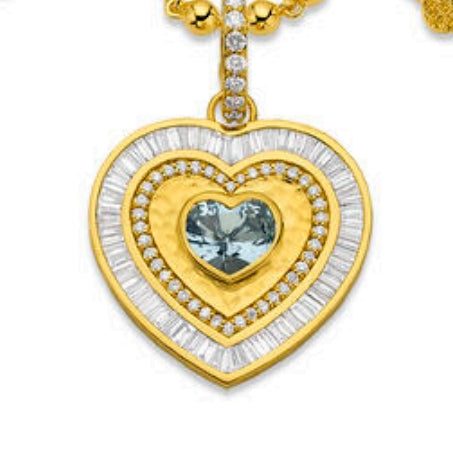 Aquamarine and White Diamond Heart Pendant in Yellow Gold