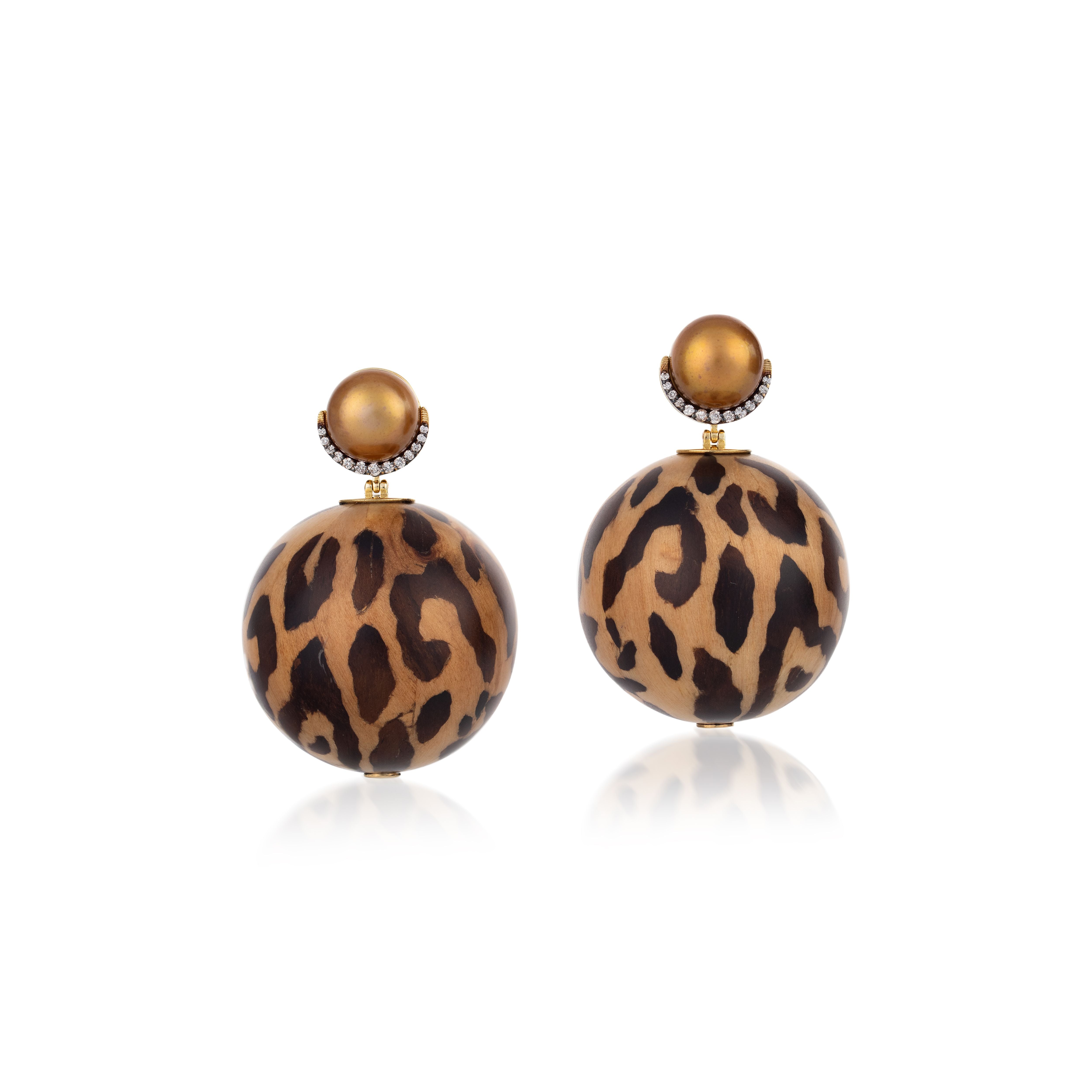 Jaguar Print Sphere Pattern Marquetry Earrings with Diamonds