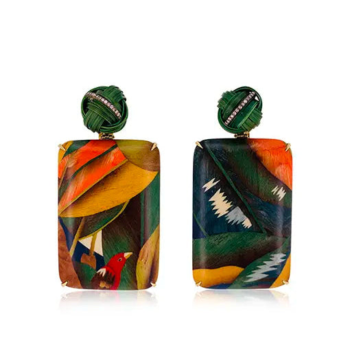 Bamboo Knot and Tropical Foliage Marquetry Earrings
