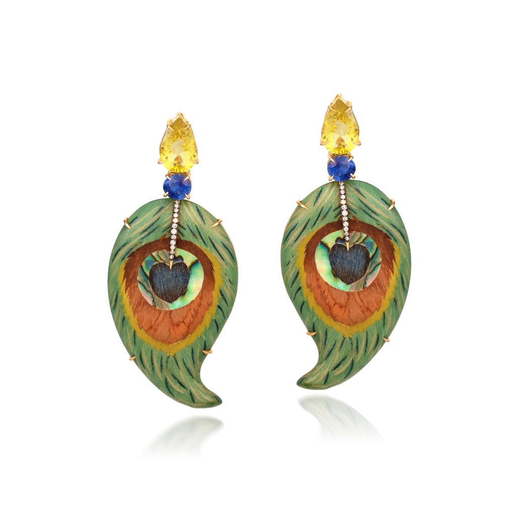 Marquetry irregulars drop shaped earrings with peacock feathers pattern and abalone inlay