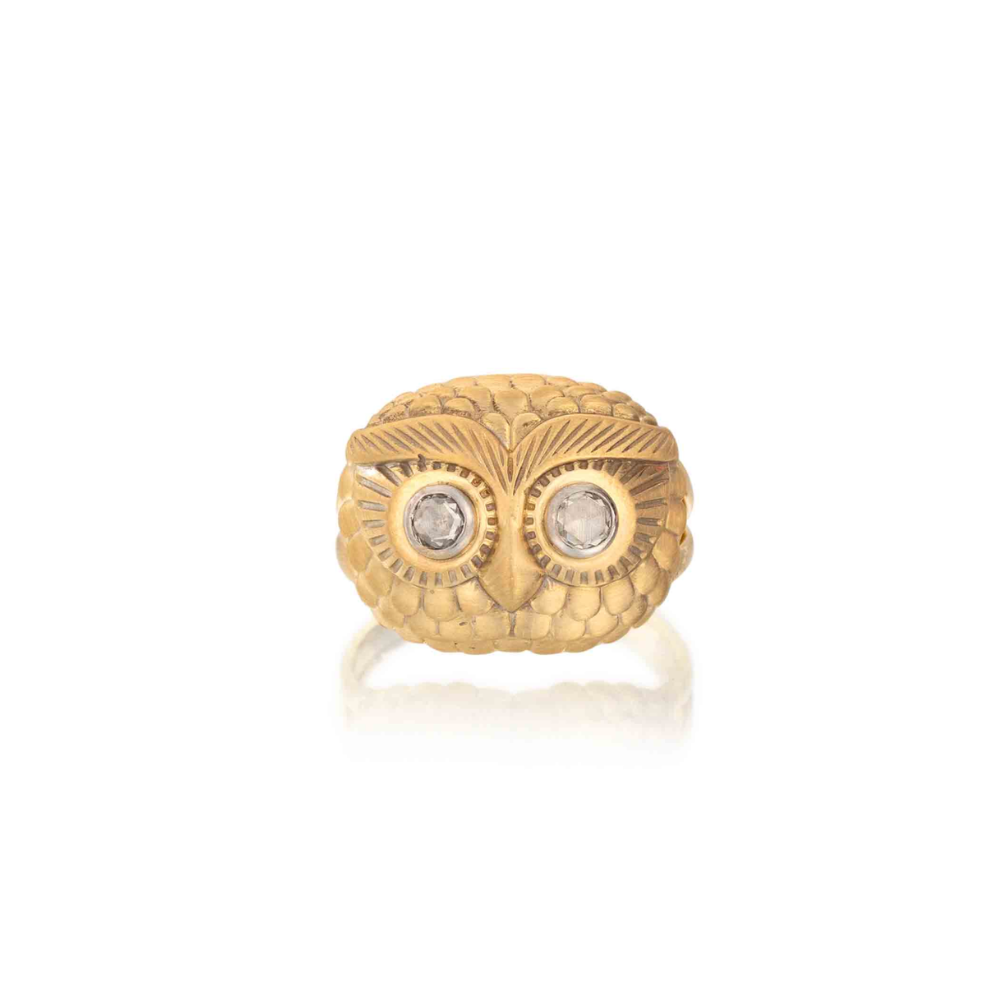 Owl face ring with rosecut diamonds in yellow gold