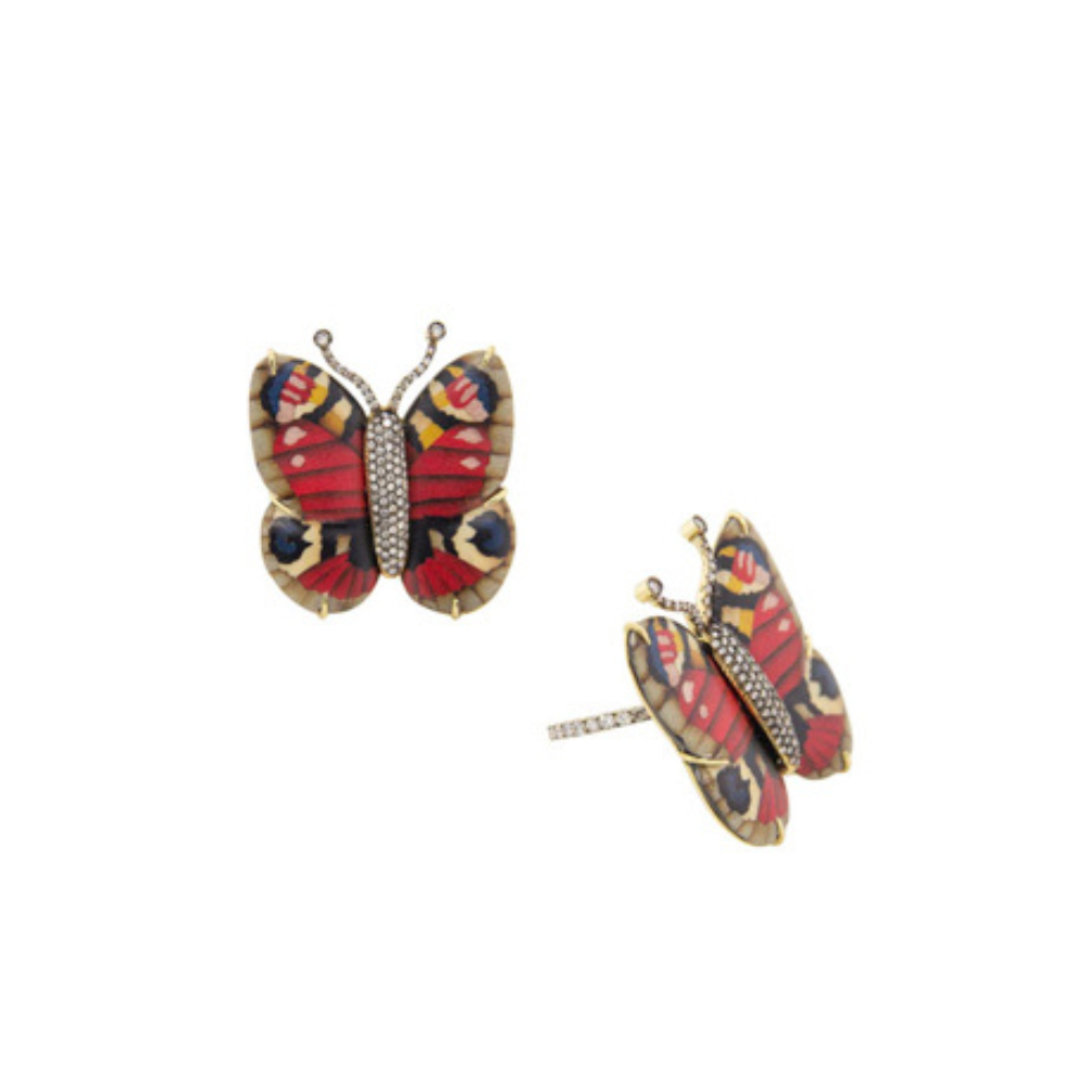 Marquetry Small Red Butterfly Earrings in Yellow Gold