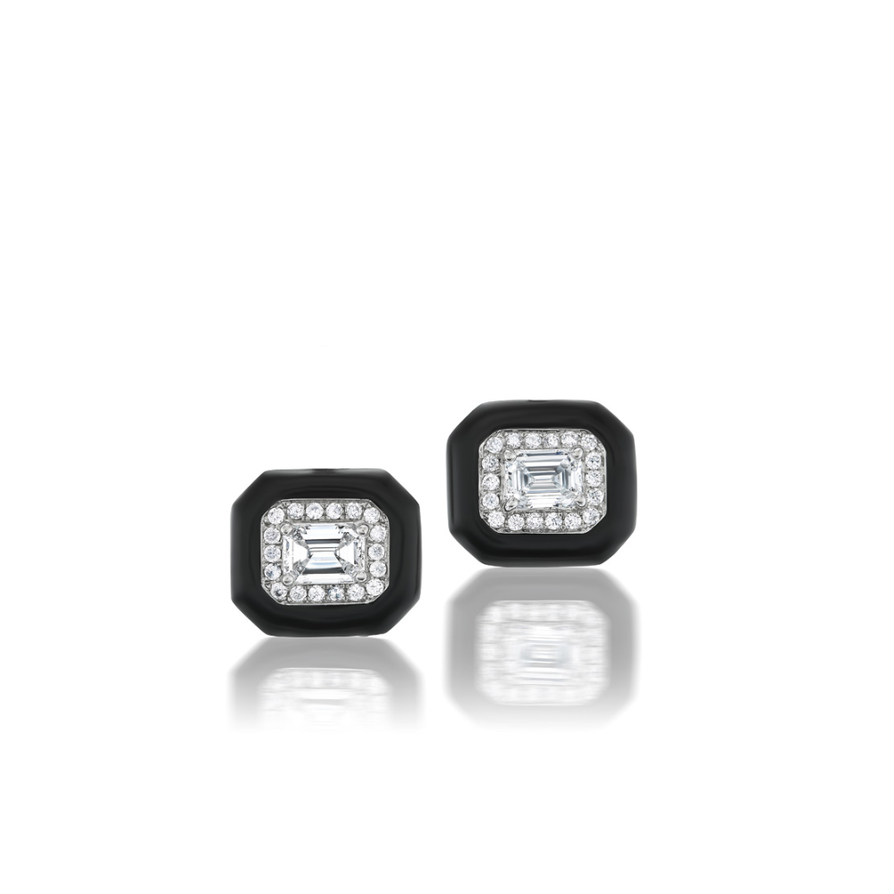 Pavé White Diamond and Enamel Oui Stud Earrings in White Gold