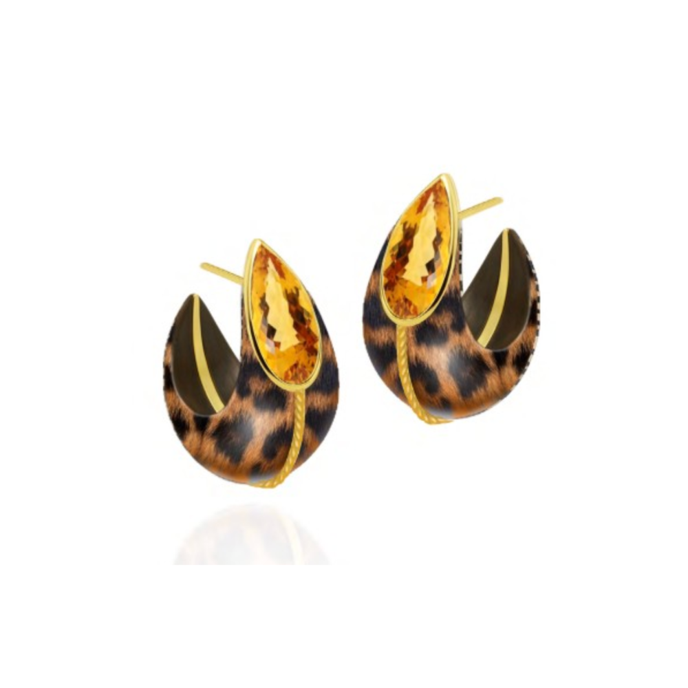 Marquetry wide hoop earrings in leopard motif with citrines in yellow gold