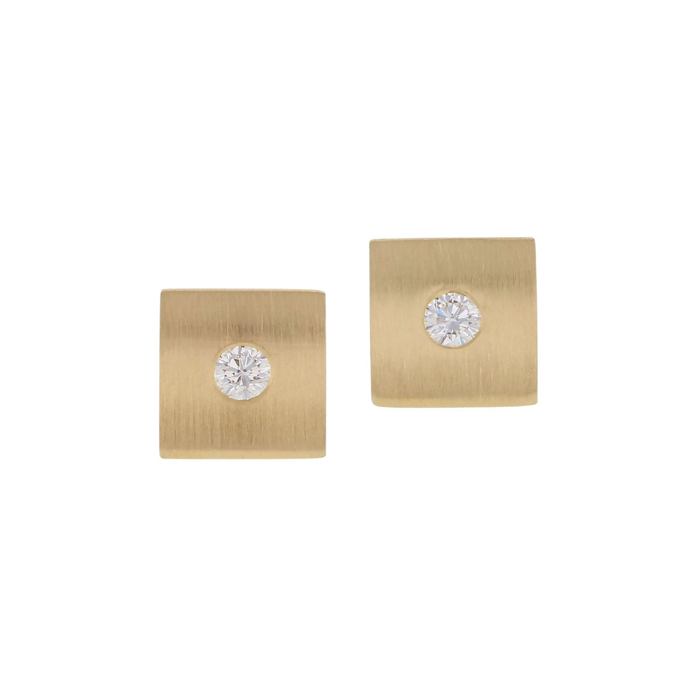 White Diamond Square Stud Earrings in Matte Yellow Gold