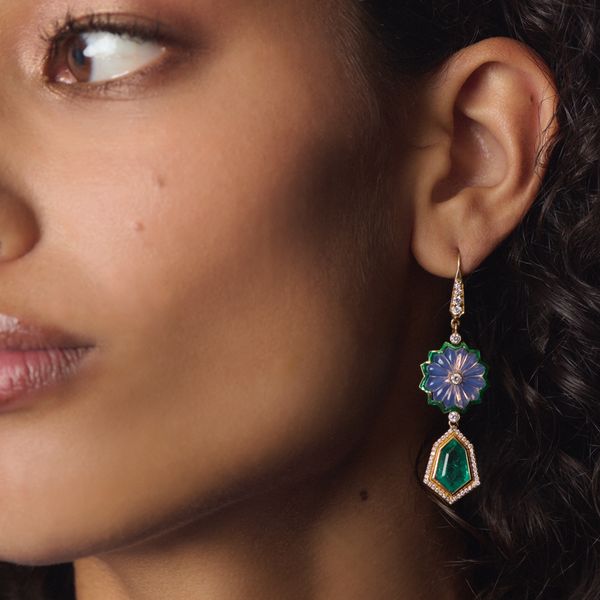 Priti Please Earrings with Emerald, Diamond and Lavender Flower Stone in Yellow Gold