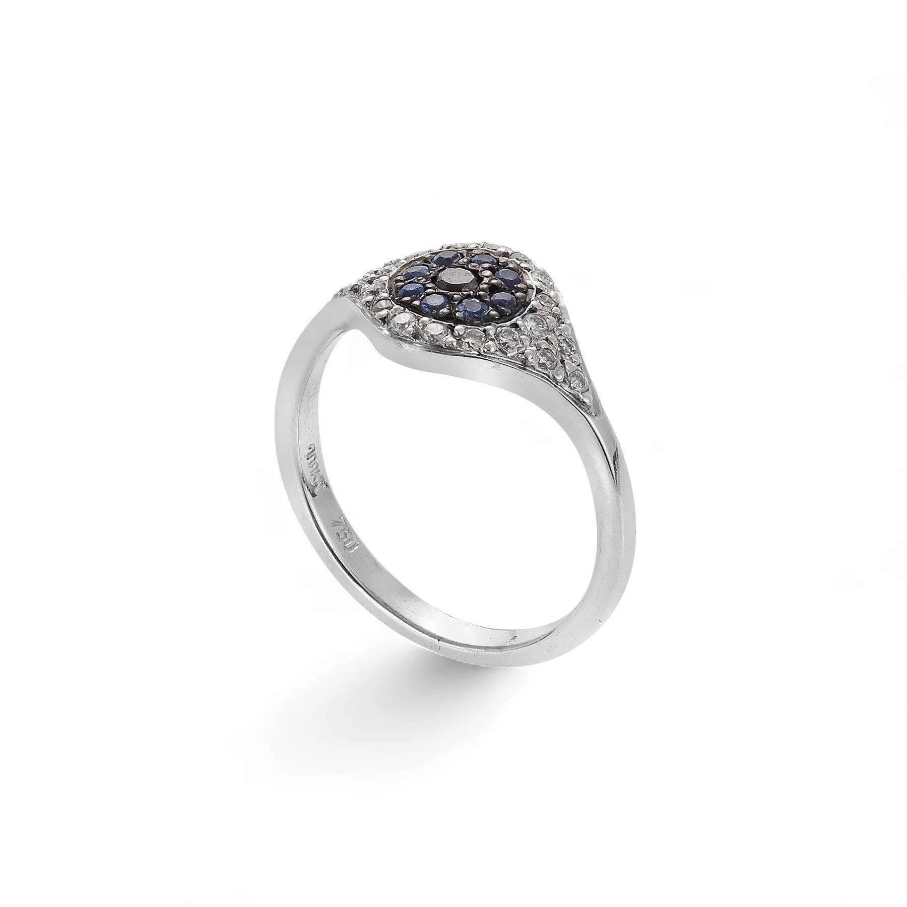 White Diamond and Blue Sapphire Cat's Eye Ring in White Gold