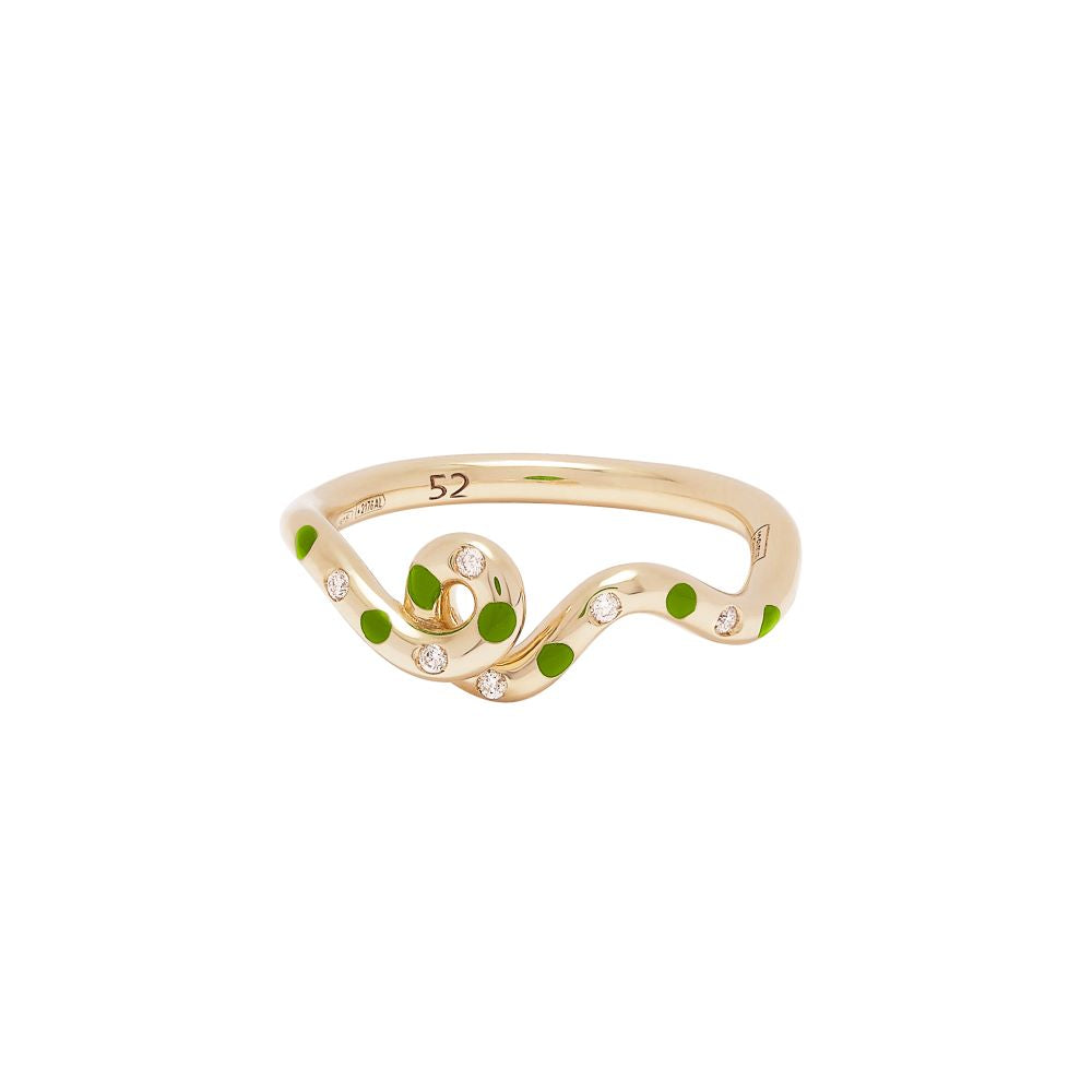 A Bea Bongiasca wave ring adorned with green and white diamonds.