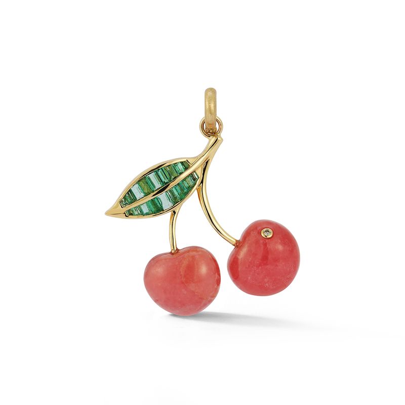 Emerald and Rhodochrosite Sweet Cherry Charm in Yellow Gold