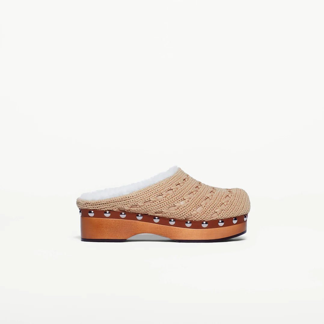Beige Knit & Shearling Clogs - MUSE Shop