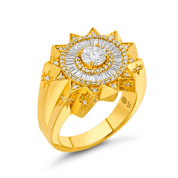 White Diamond Sun Signet Ring in Yellow Gold