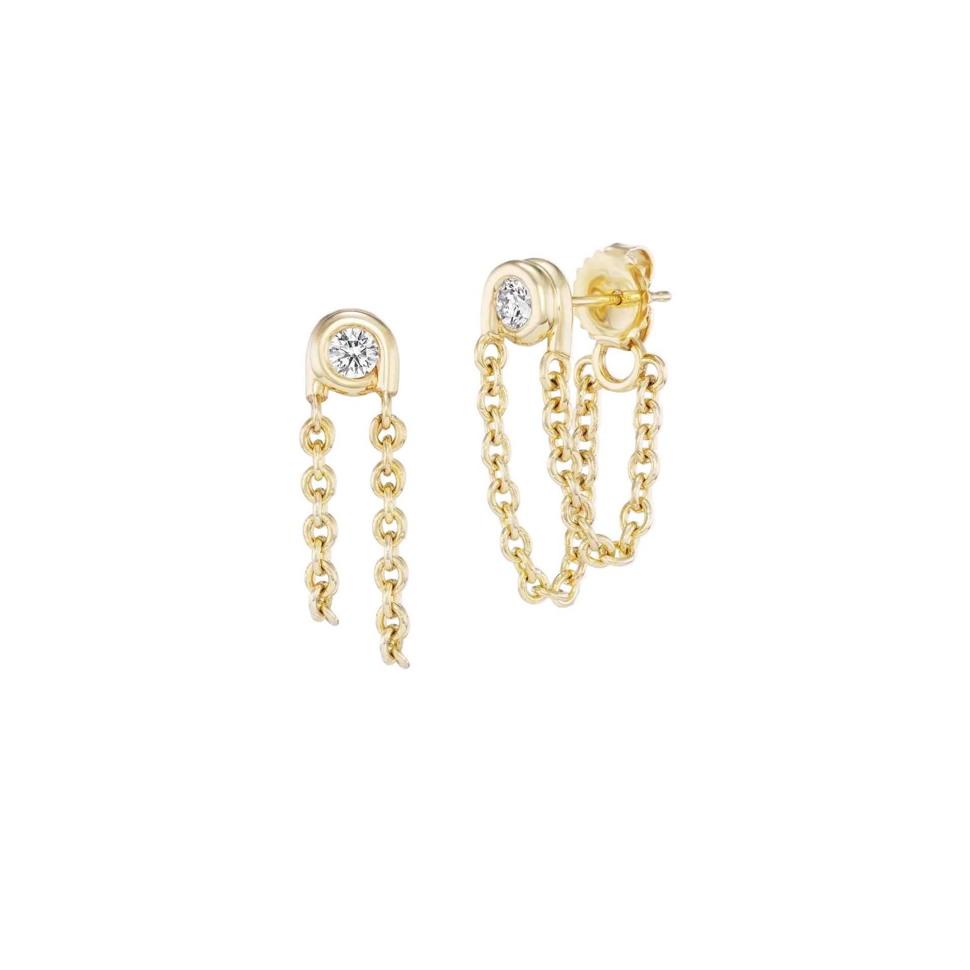 White Diamond Contour Chain Drop Earrings in Yellow Gold