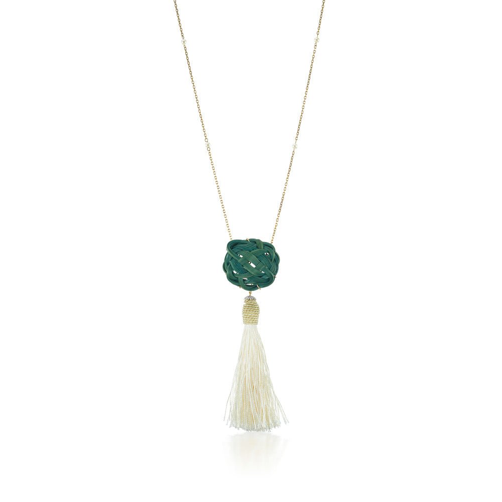 Green & White Woven Bamboo Tassel Necklace - MUSE Shop