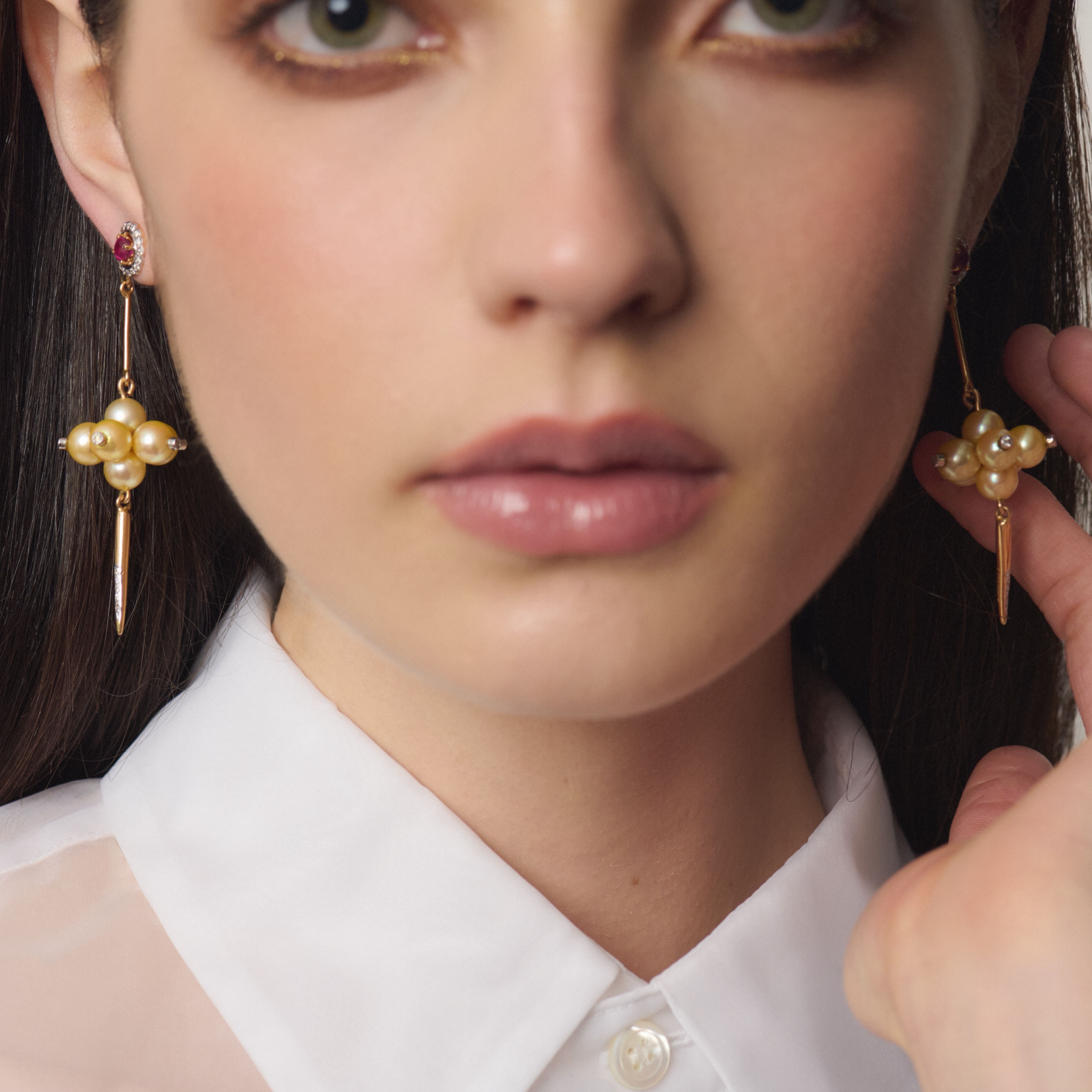 Pearl Grape Earrings with Rubies and Diamonds in Yellow Gold
