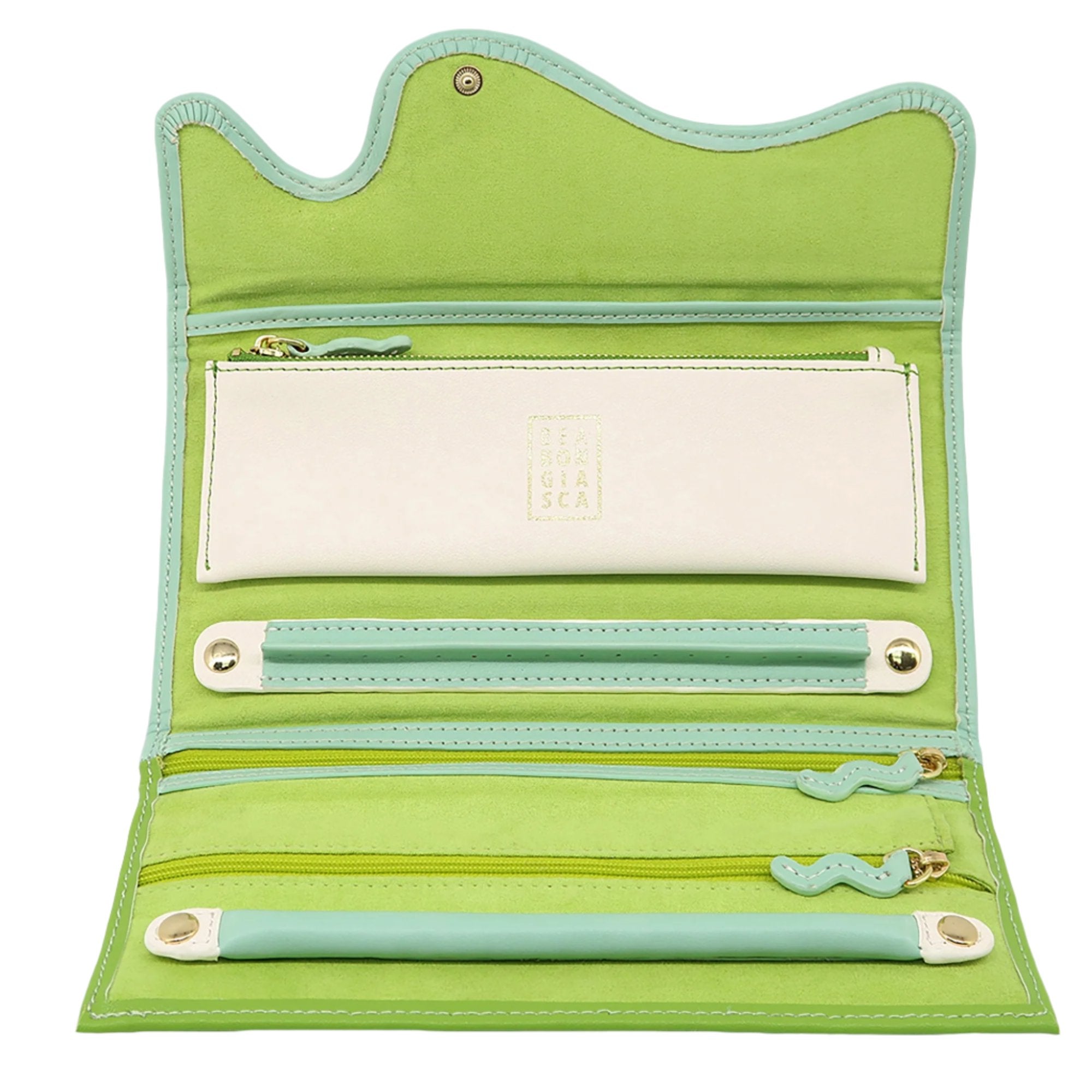 Lime Green, Blu Iris & White Vegan Leather Jewelry Roll - MUSE Shop