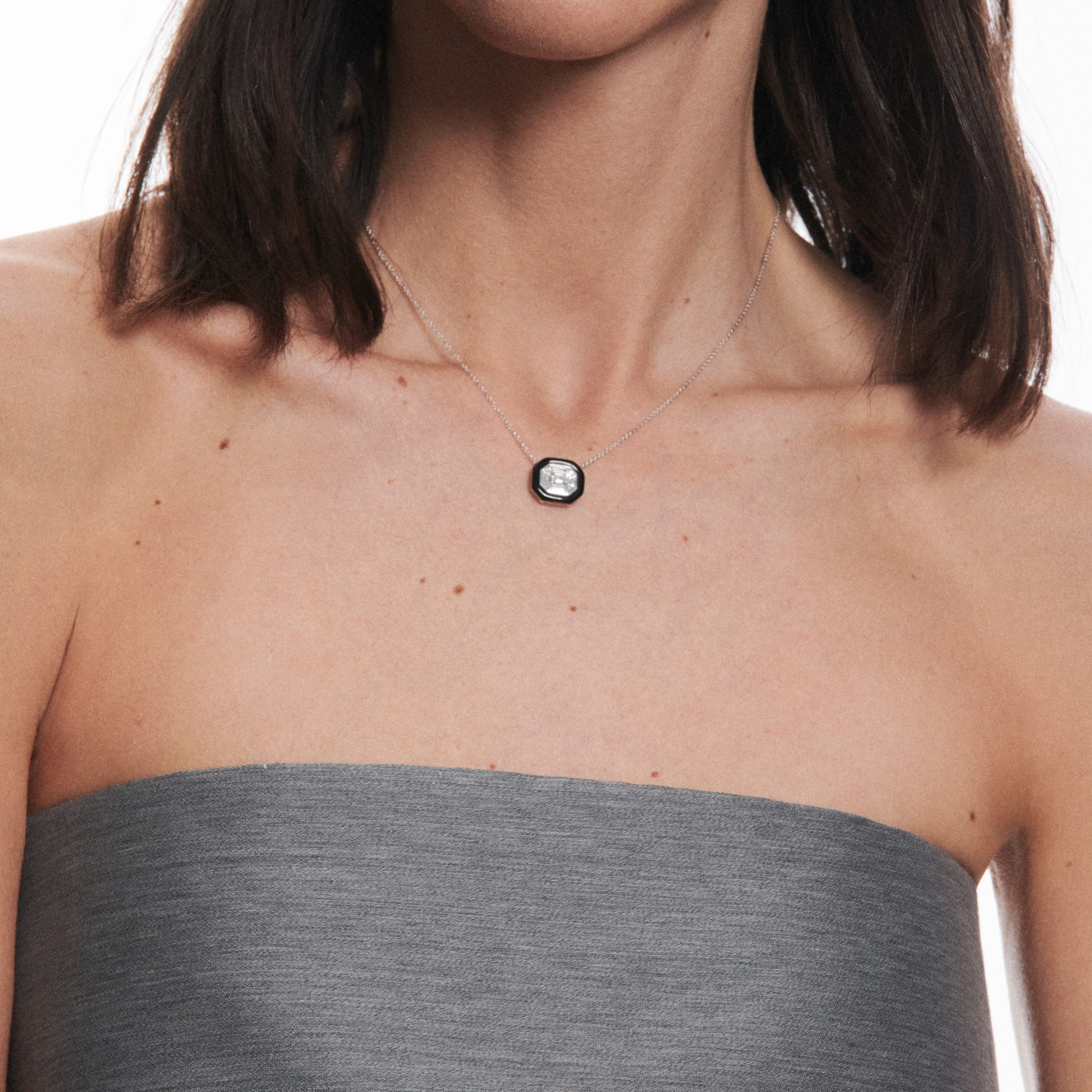 White Diamond and Enamel Oui Necklace in White Gold