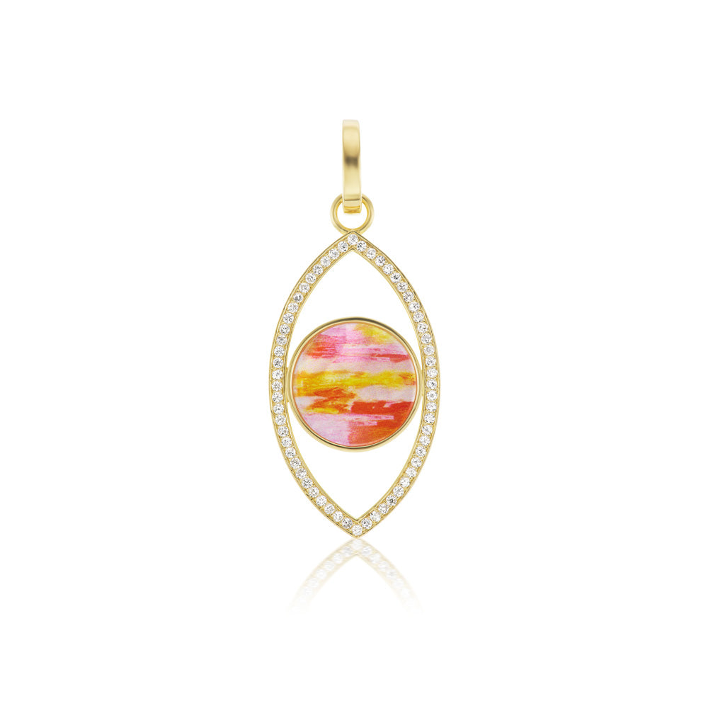 A yellow gold pendant with a pink and yellow marble and Mother of Pearl Vertical Eye Charm from Anna Maccieri Rossi.