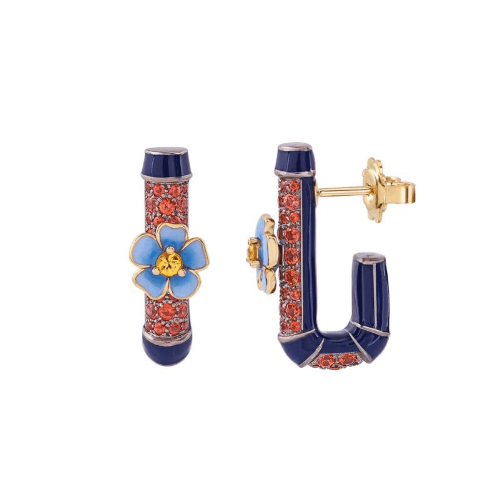 Orange and Yellow Sapphire Fantasia Flower Rectangular Hoops in Yellow Gold and Titanium - MUSE Shop