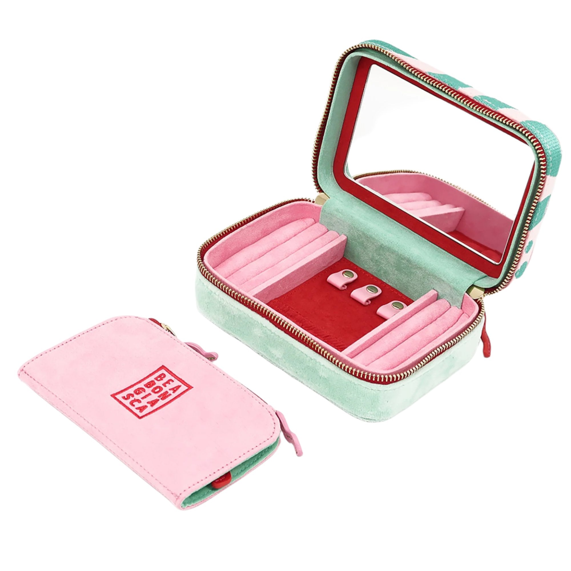 Pink, Blue Iris, & Red Microsuede and Velour Jewelry Travel Zip Case - MUSE Shop