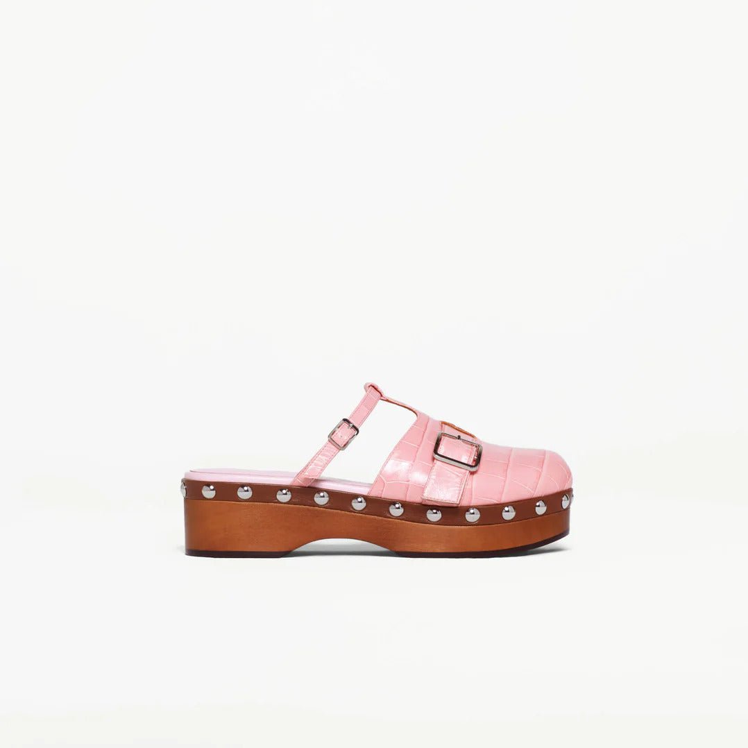 Pink Embossed Calf Leather Clogs - MUSE Shop