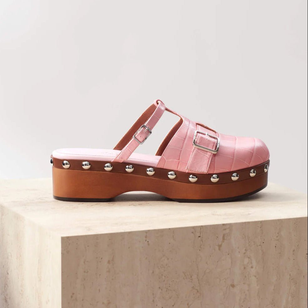Pink Embossed Calf Leather Clogs - MUSE Shop