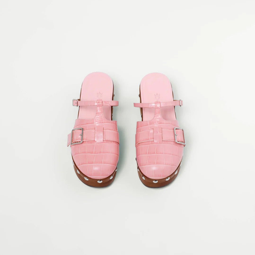 Pink Embossed Calf Leather Clogs - MUSE Shop
