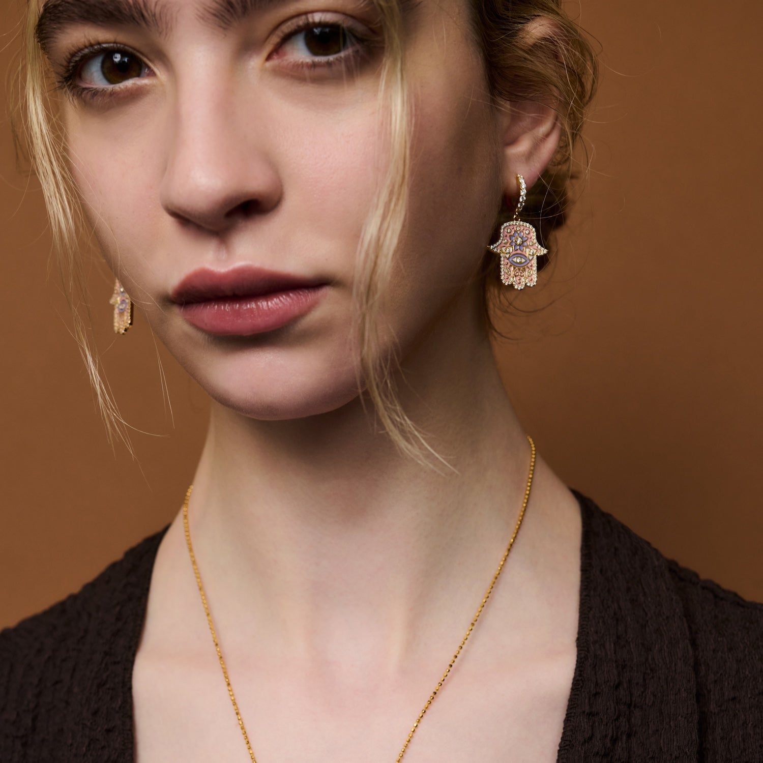 Pink Enamel Hamsa Huggies - MUSE Shop