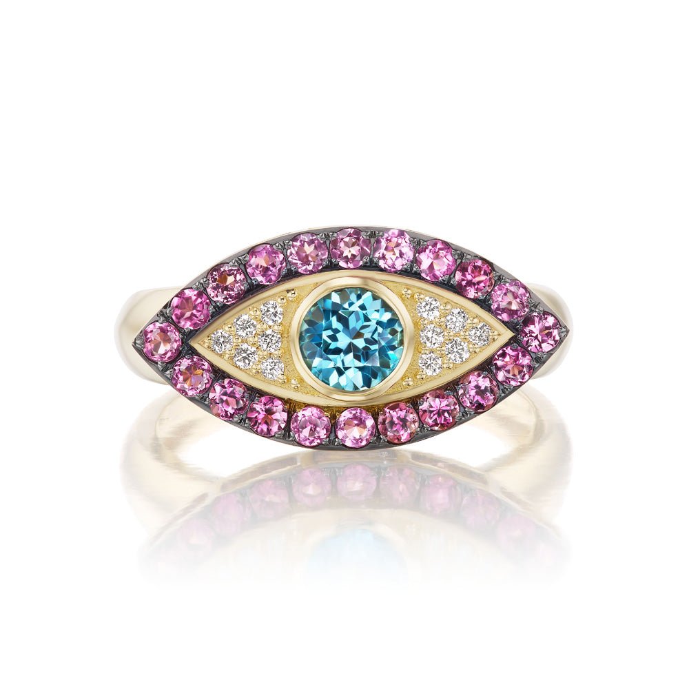 Pink Tourmaline and Blue Topaz Evil Eye Ring - MUSE Shop