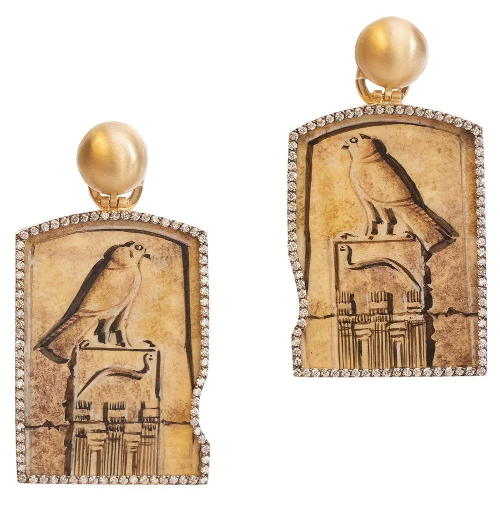 Miniature Painting Horus Earrings in Yellow Gold