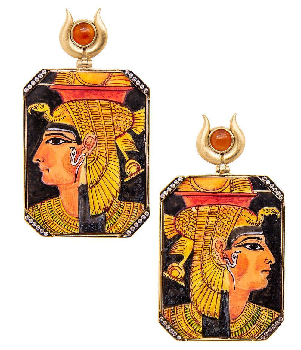 Miniature Painting Cleopatra Earrings in Yellow Gold
