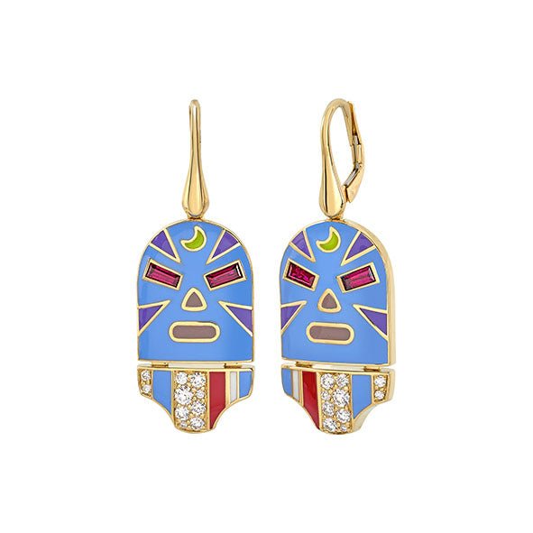 The Destroyer Blue Mask Luchadores Earrings with Diamonds and Rubies in Yellow Gold - MUSE Shop