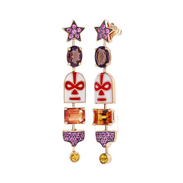 The Destroyer Long Luchadores Earrings with Sapphires, Quartz and Citrine in Yellow Gold - MUSE Shop