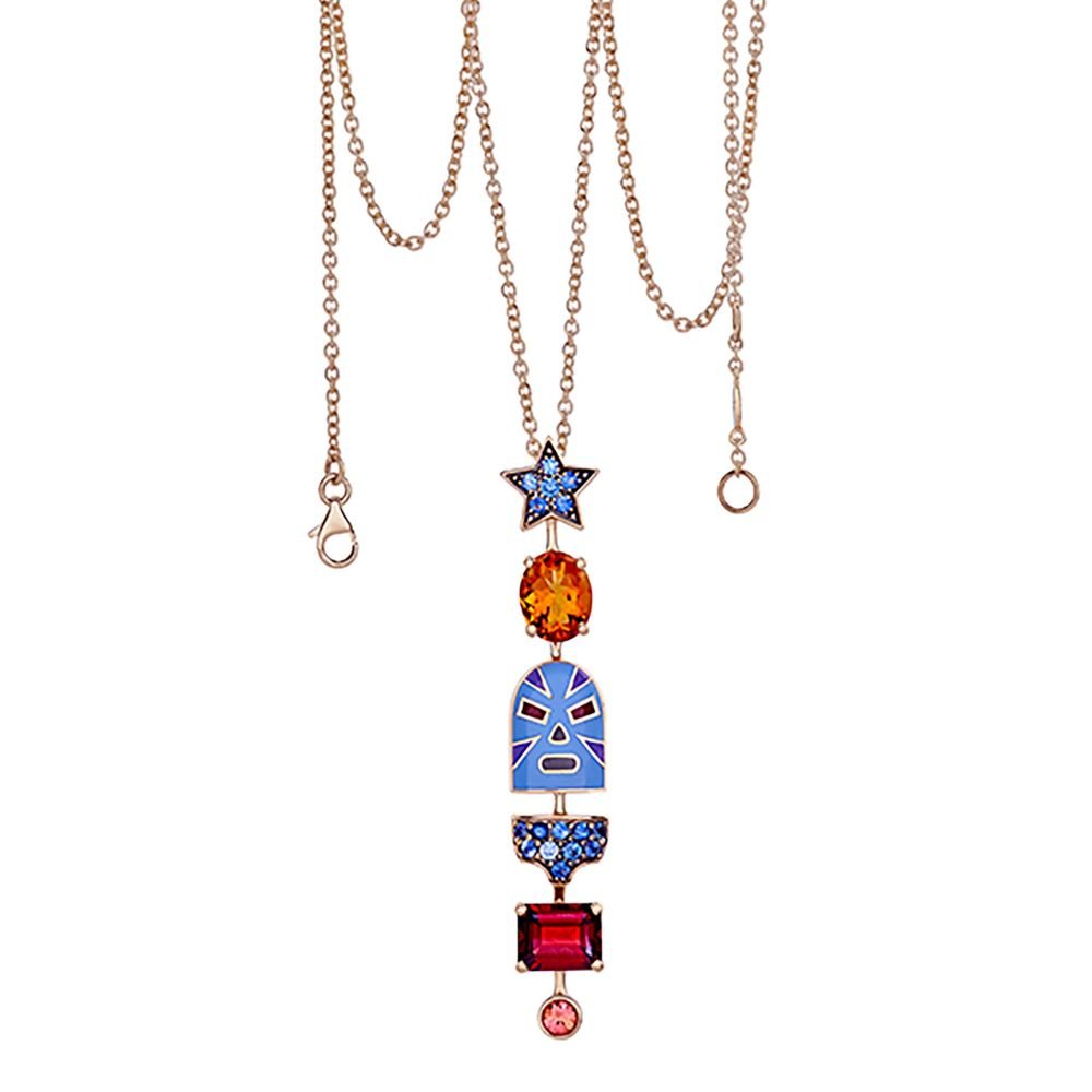 The Mankind Luchadores Pendant in Blue Enamel, Mixed Gemstones and Yellow Gold - MUSE Shop