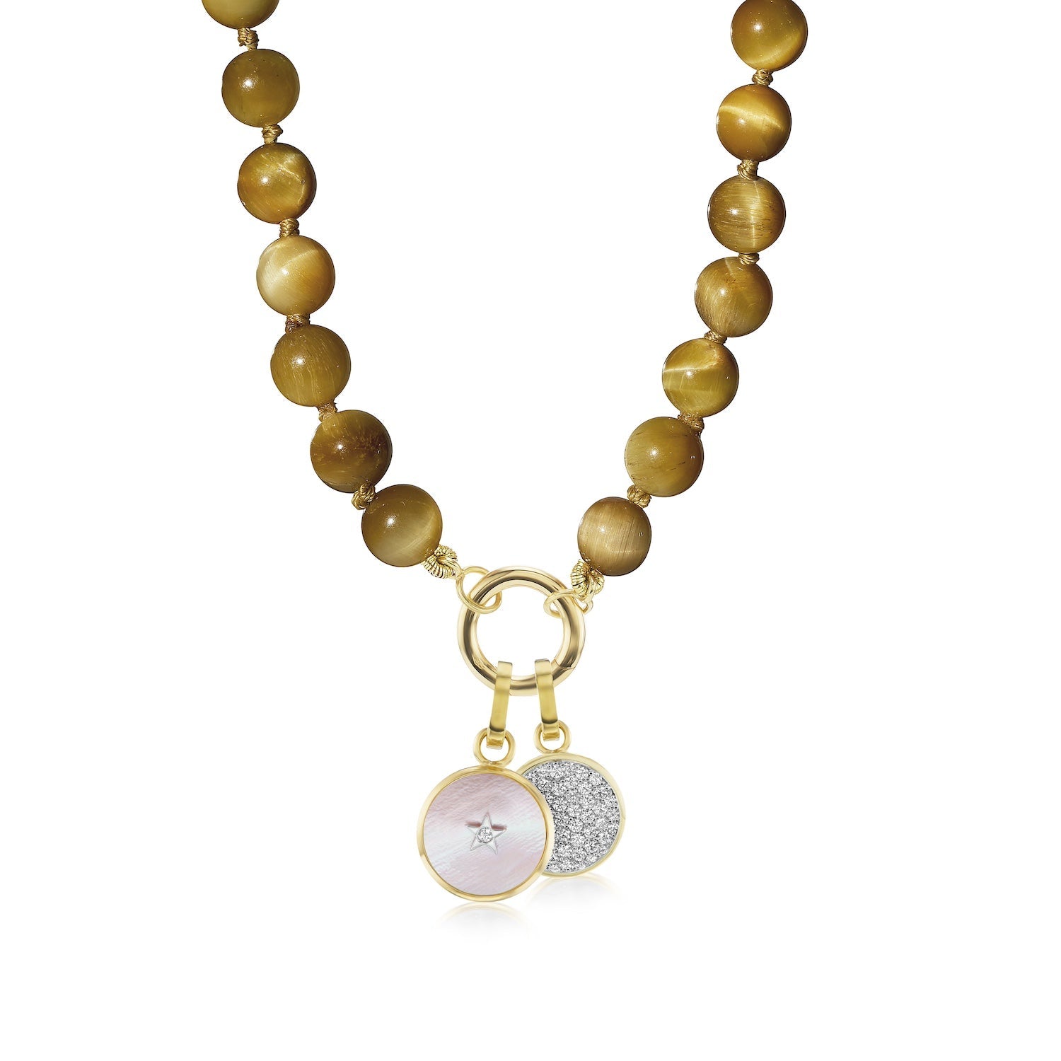 Tiger's Eye Necklace with Mother of Pearl and Diamond Pavé Charms - MUSE Shop