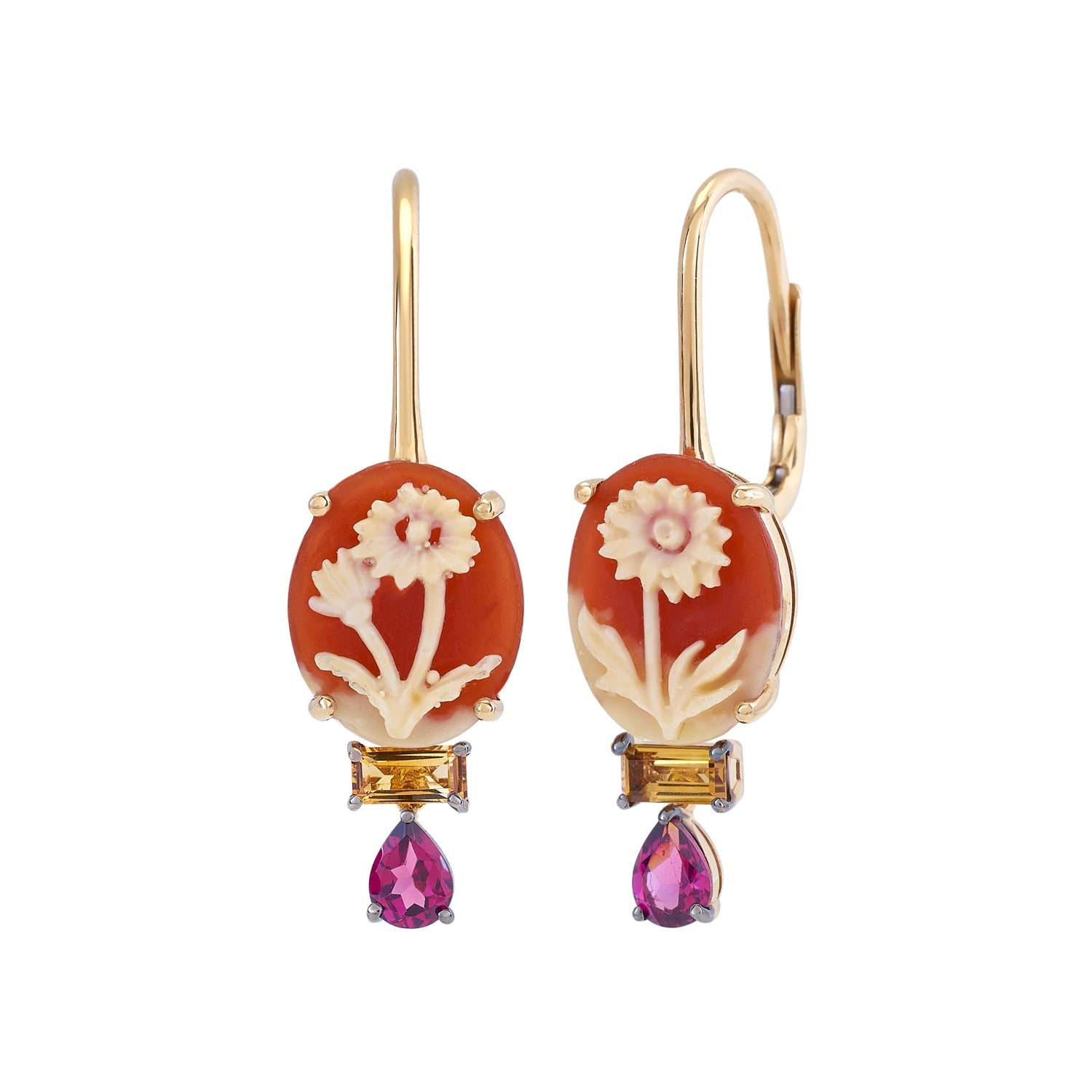 Vintage Japanese Resin Cameo Peace Garden Sun Earrings in Yellow Gold - MUSE Shop