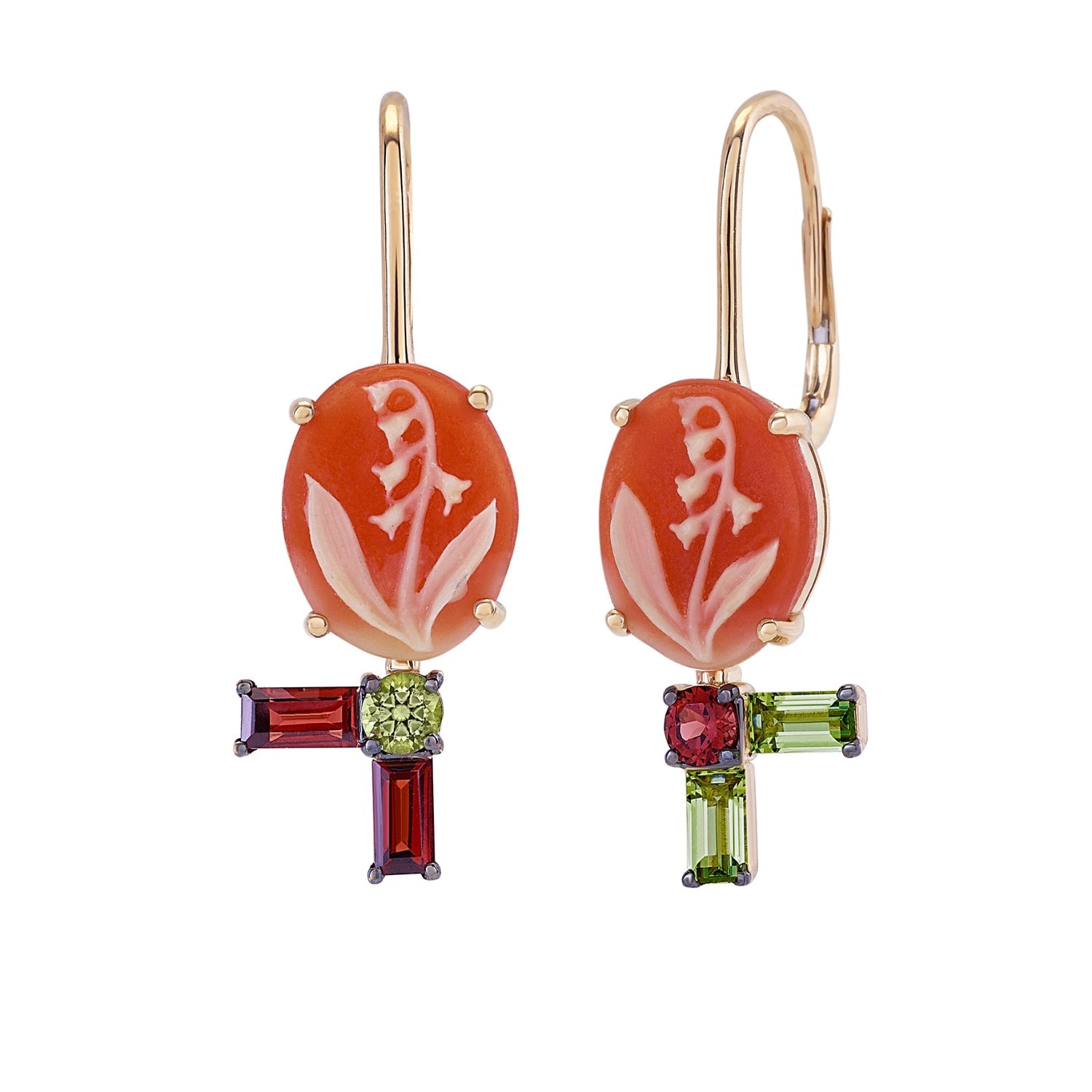 Vintage Japanese Resin Cameo Spring Snowdrops Earrings with Peridot in Yellow Gold - MUSE Shop