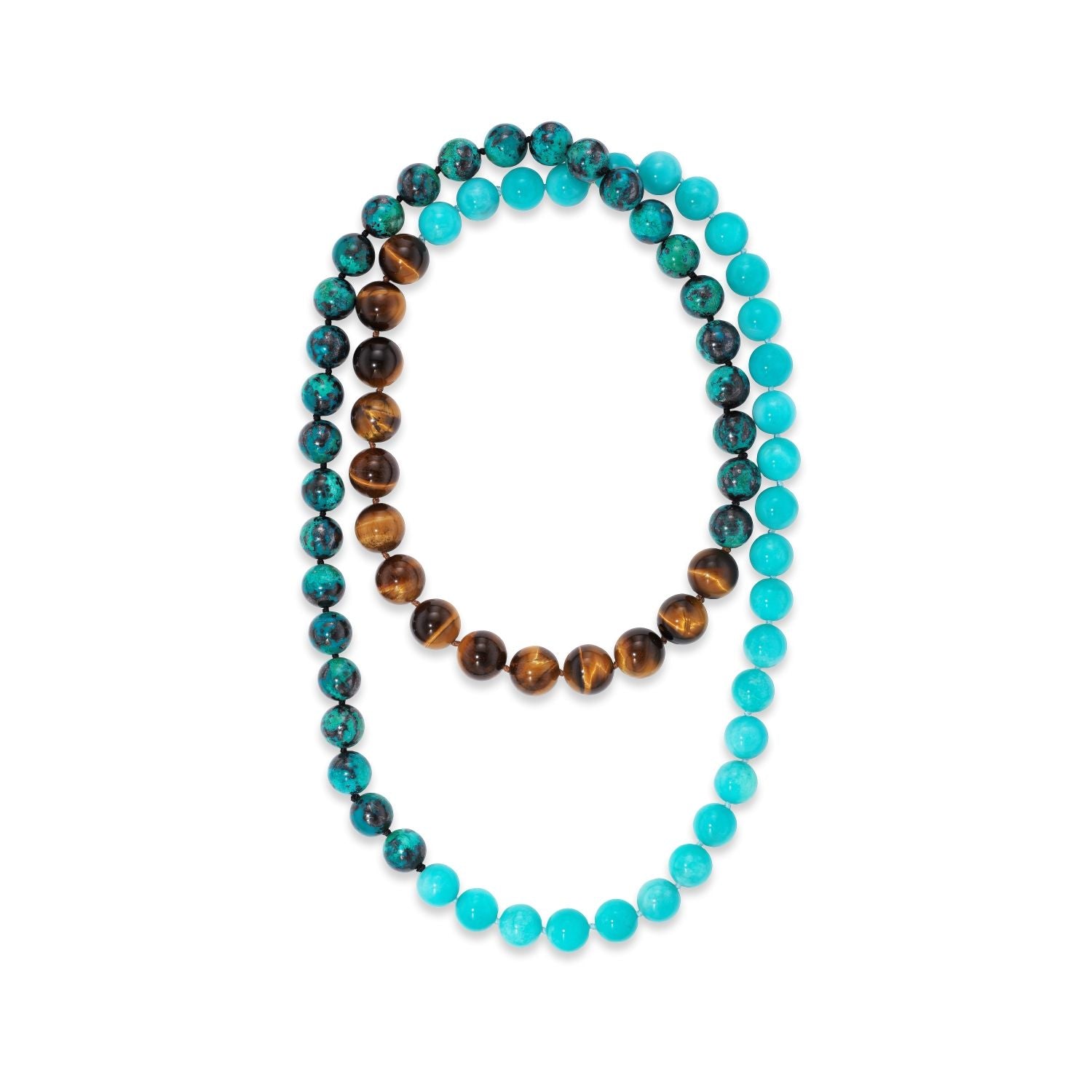 Mixed Beaded Crysocolla Amazzonite and Brown Tiger Eye Necklace