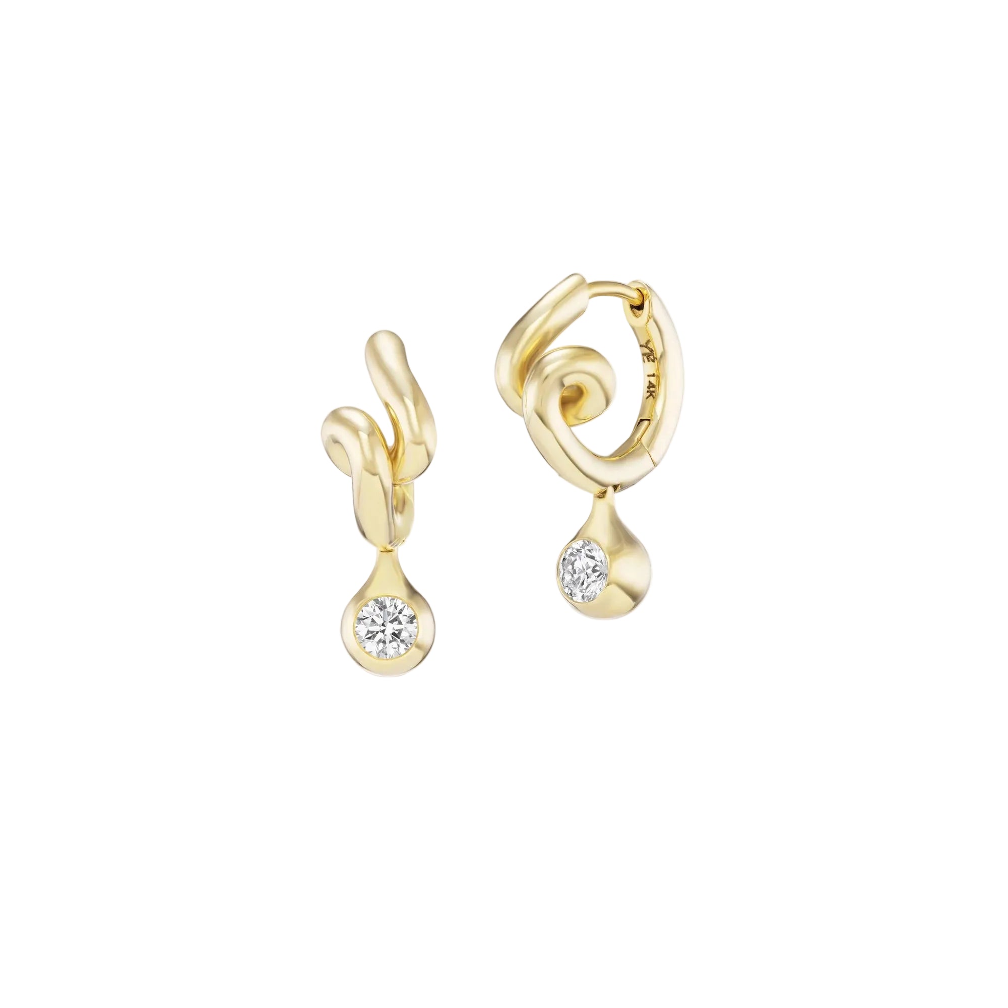 White Diamond Contour Droplet Huggie Earrings in Yellow Gold