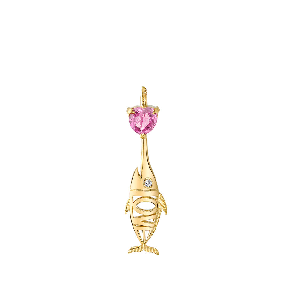 A Daniela Villegas Love Fish Charm with a sapphire heart stone.