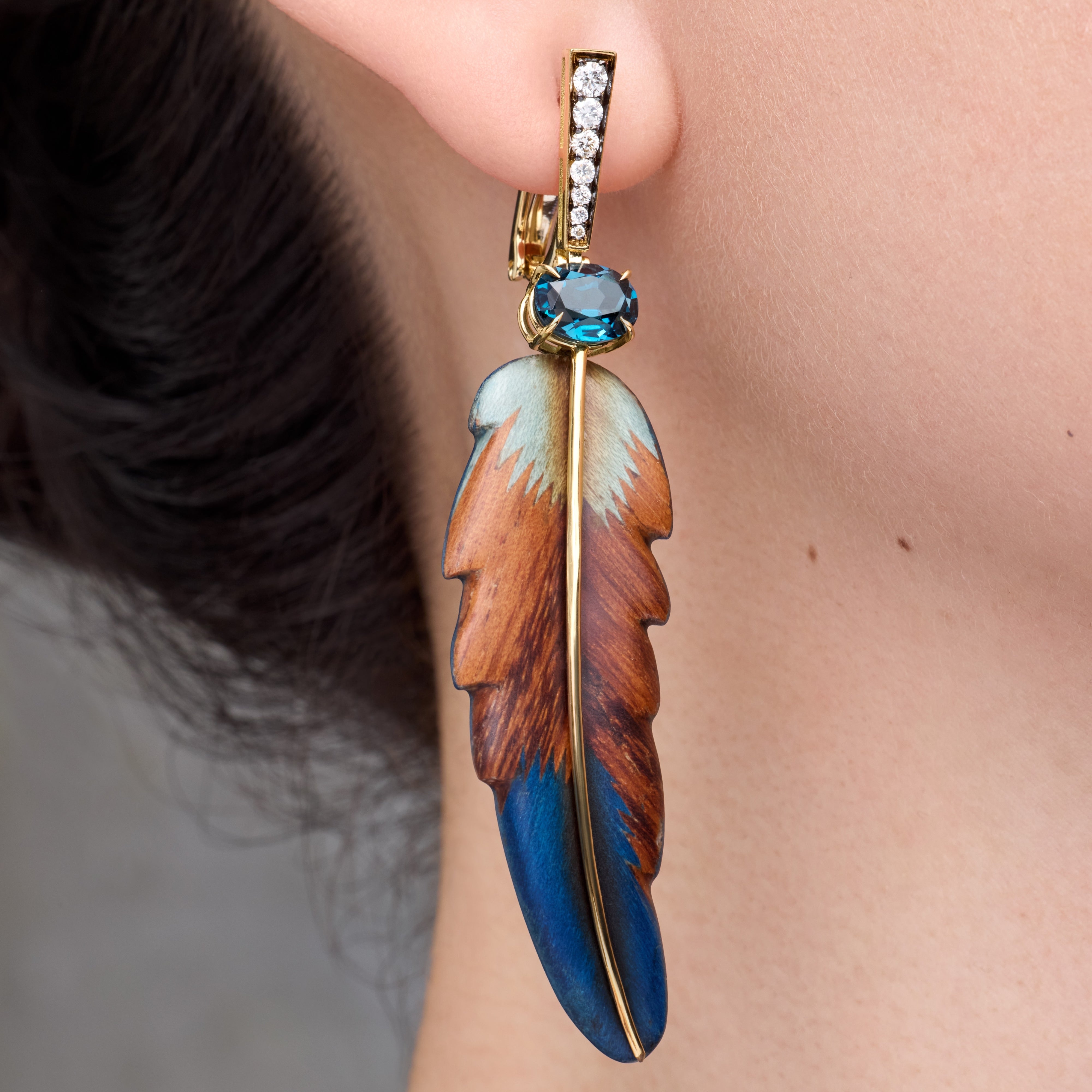 Feather Shaped Marquetry earrings with London blue topaz in yellow gold