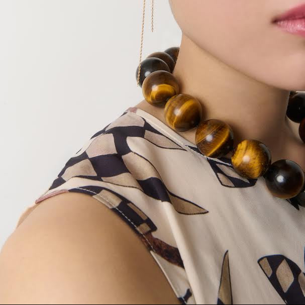 Tiger's Eye Ancla Beaded Necklace in Yellow Gold
