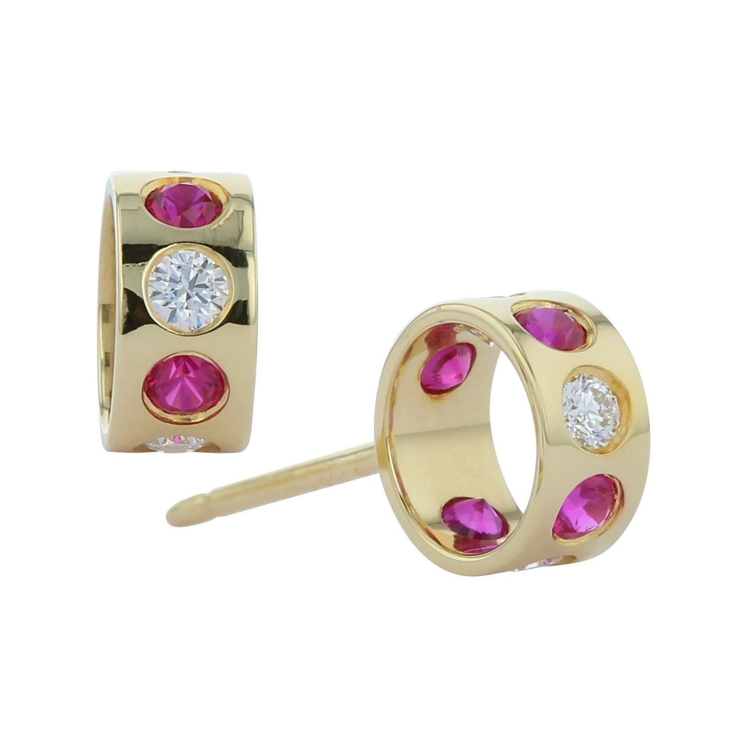 Forward Facing Circle Diamond & Ruby Stud Earrings
