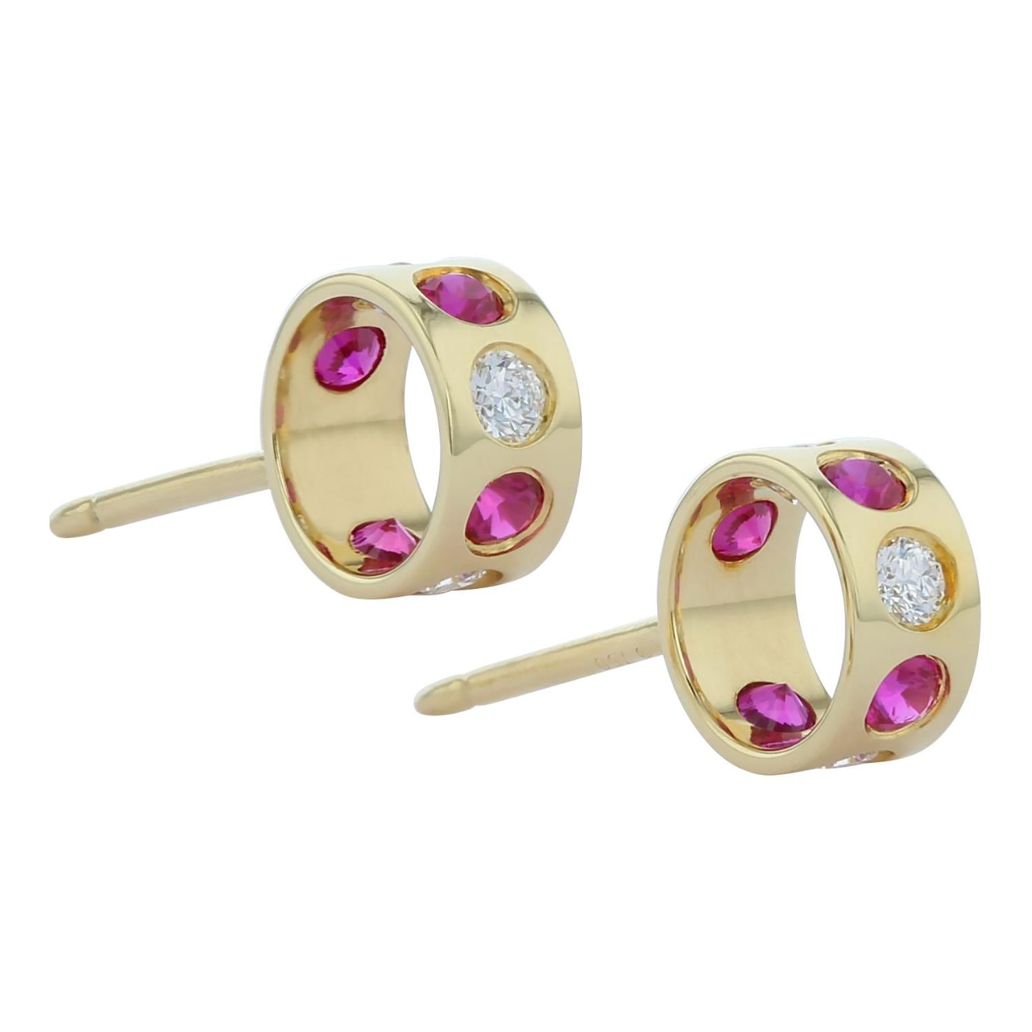 Forward Facing Circle Diamond & Ruby Stud Earrings
