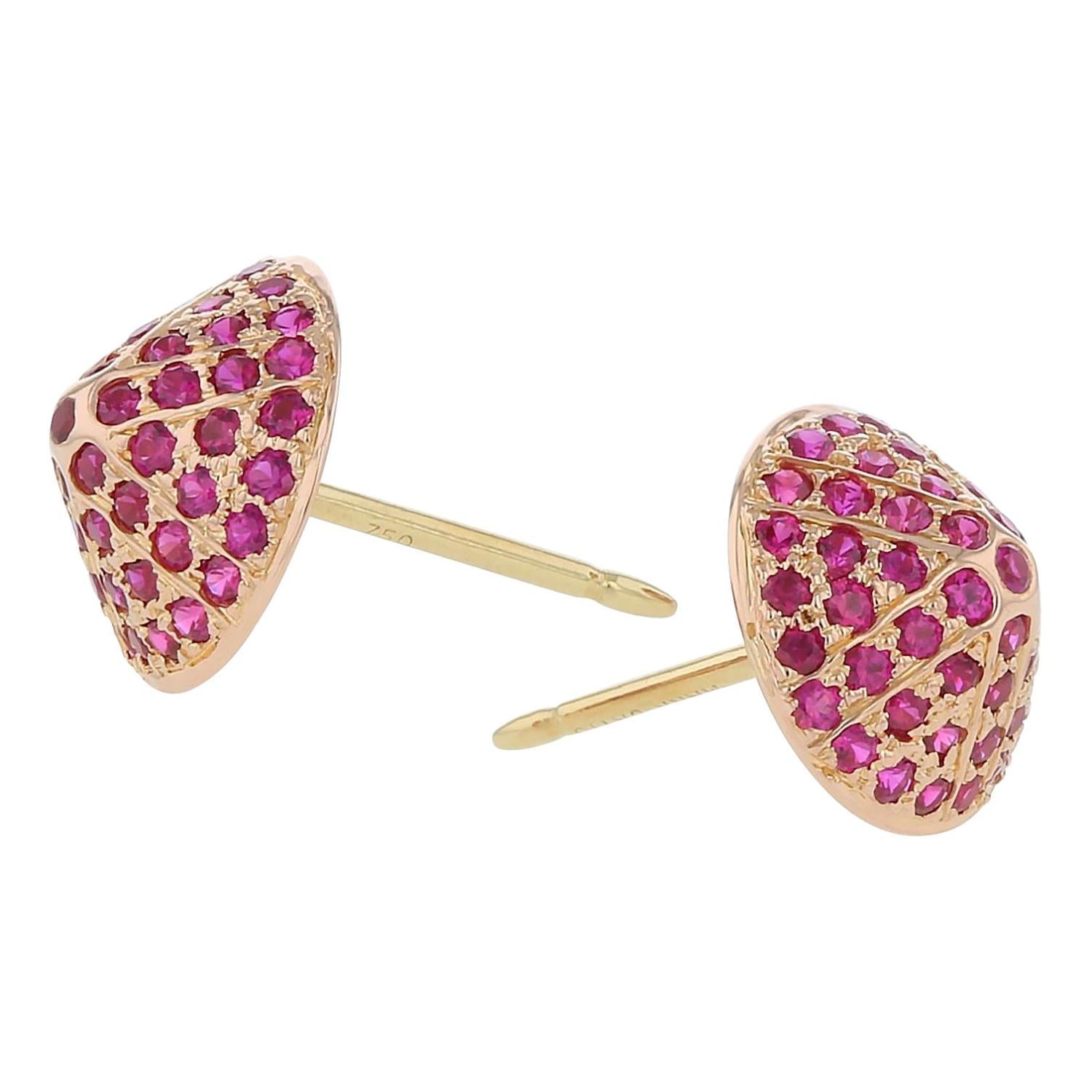 Cone Shapped Pave Ruby Matte Gold Stud Earrings